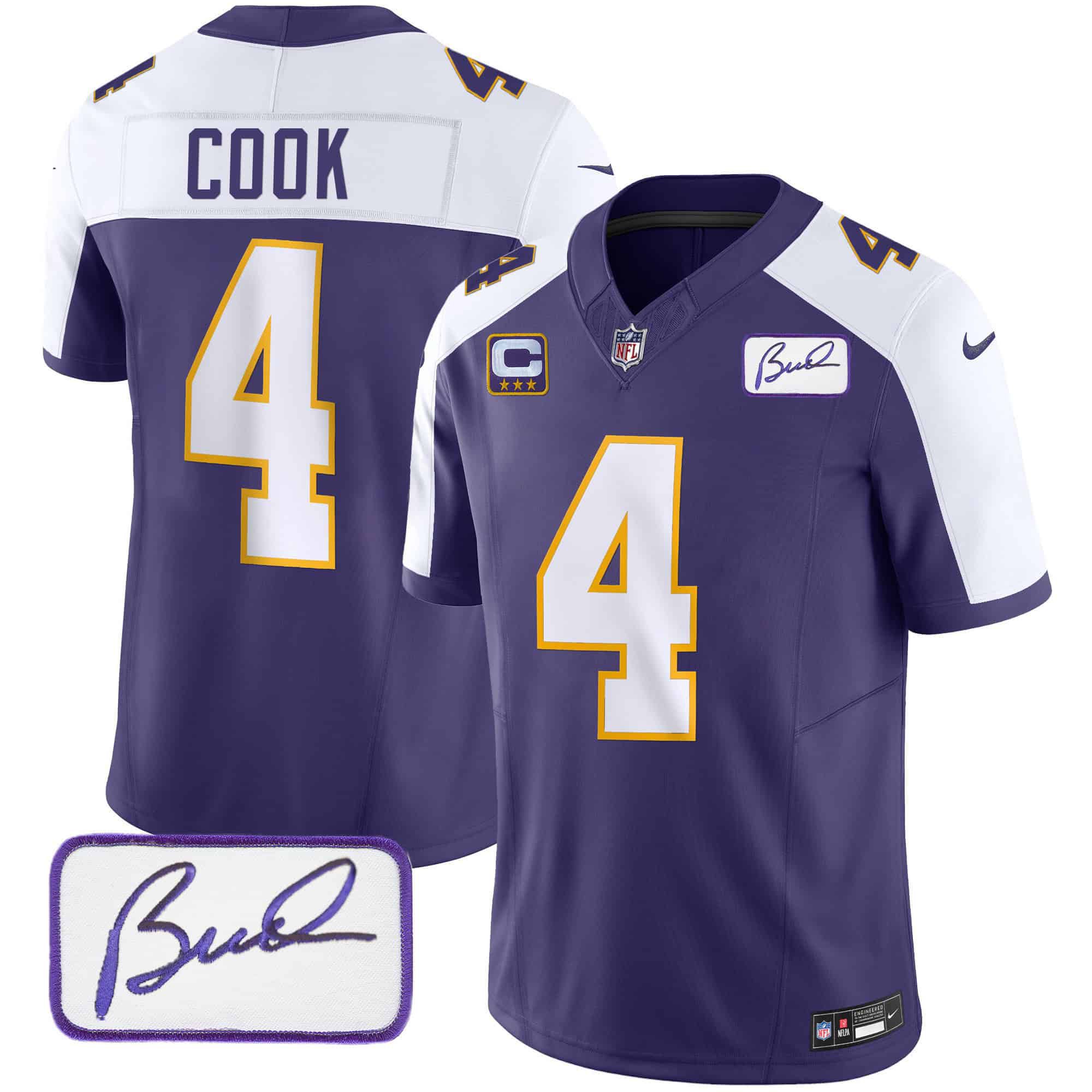 Men Minnesota Vikings 4 Cook Purple 2024 Nike Bud Grant Patch Classic Limited NFL Jersey